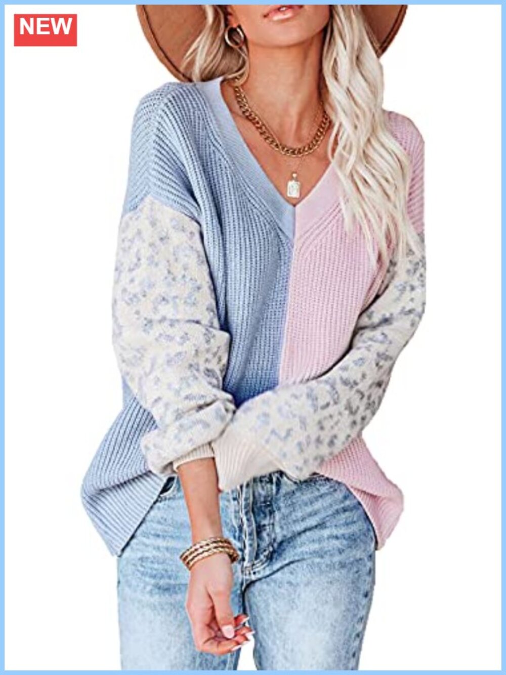 Women's V-Neck Pullover Sweater Leopard Sleeve Knitted Jumper Casual
